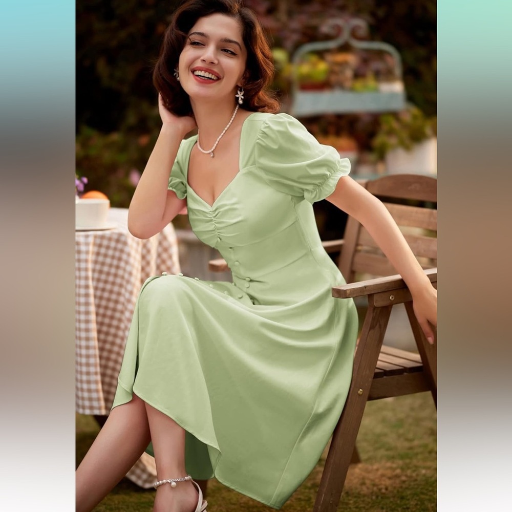 Green Puff Sleeve Midi Sundress for Wedding Guest